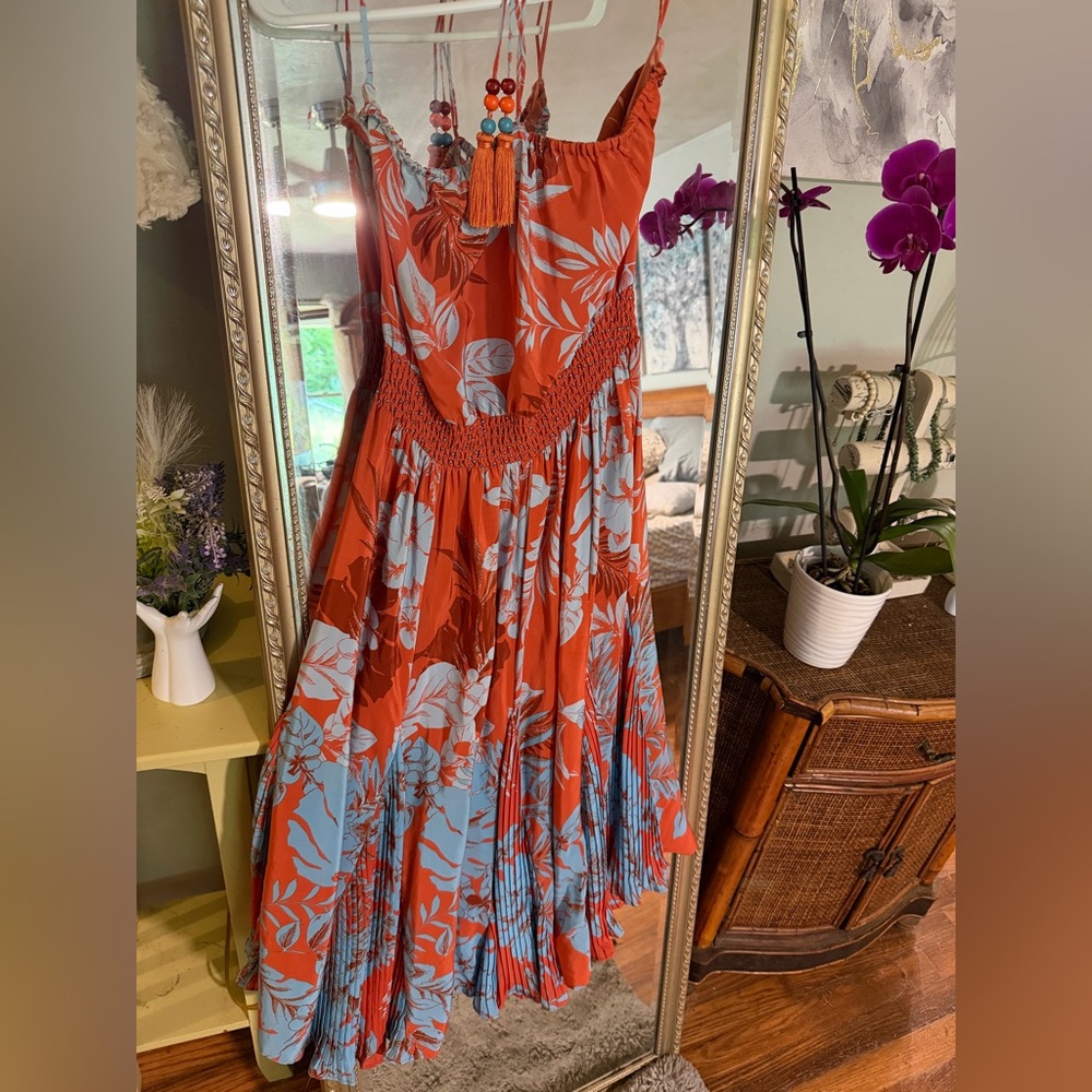 Gilner Farrar 100% Silk Tropical Maxi Dress Tassel Tie Boho Resort Size 6